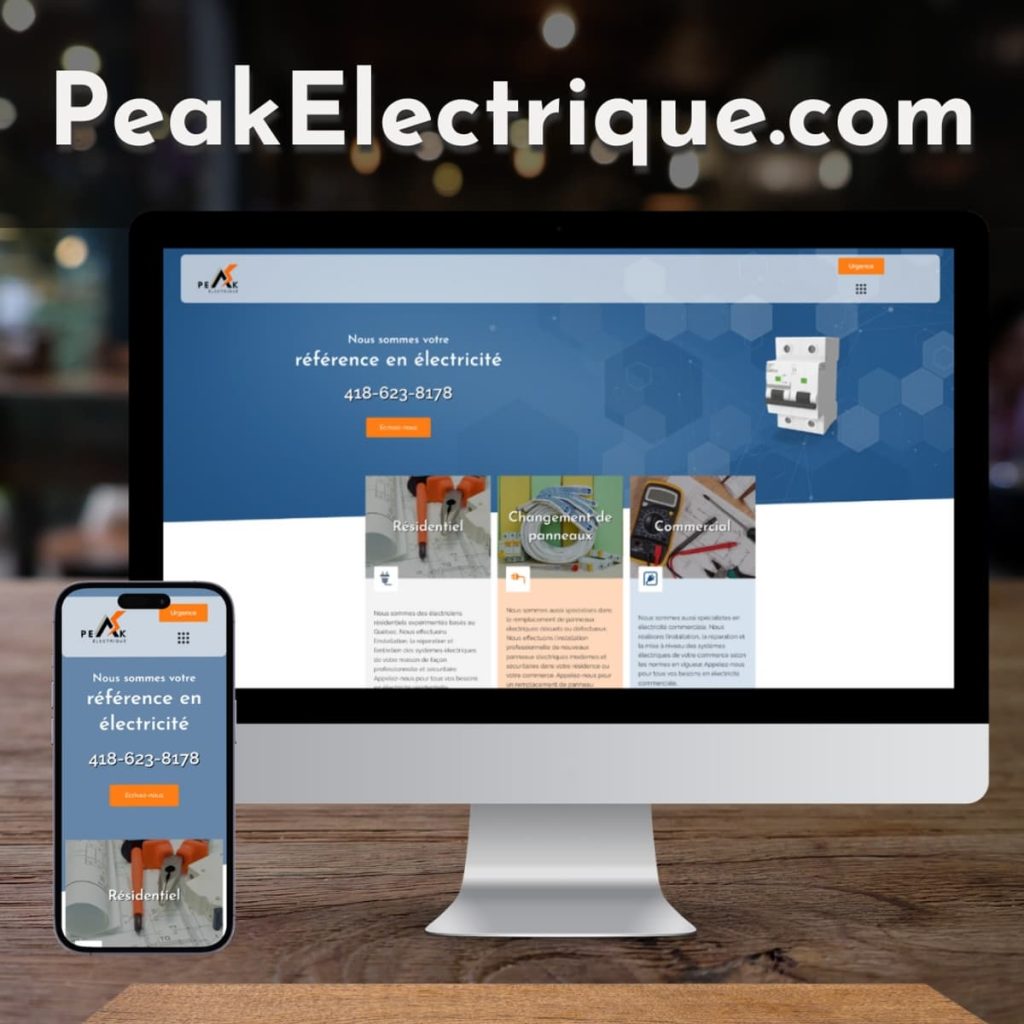 Interface du site web et mobile de Peak Électrique présentant les services en électricité résidentielle et commerciale.