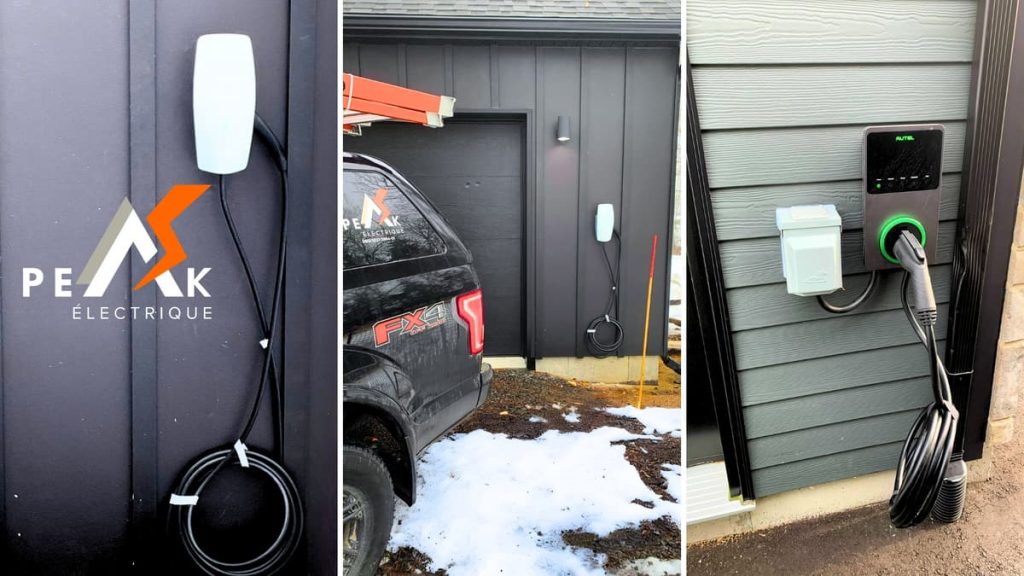 Installation d'une borne de recharge électrique moderne par l'équipe de Peak Électrique, le choix de confiance pour tous vos besoins en électricité à Québec.